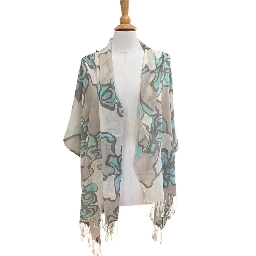 Paisley Road Cotton Floral Large Wrap/Scarf Pale Blue, Ivory, Gray, Fringe Boho